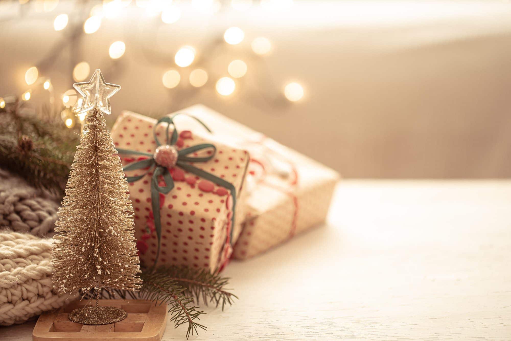 Christmas background with decorative Christmas tree on the background of Christmas decorations.