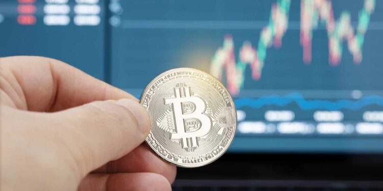 Hand holding a bitcoin coin
