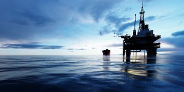 Oil platform on the ocean. Offshore drilling for gas and petroleum