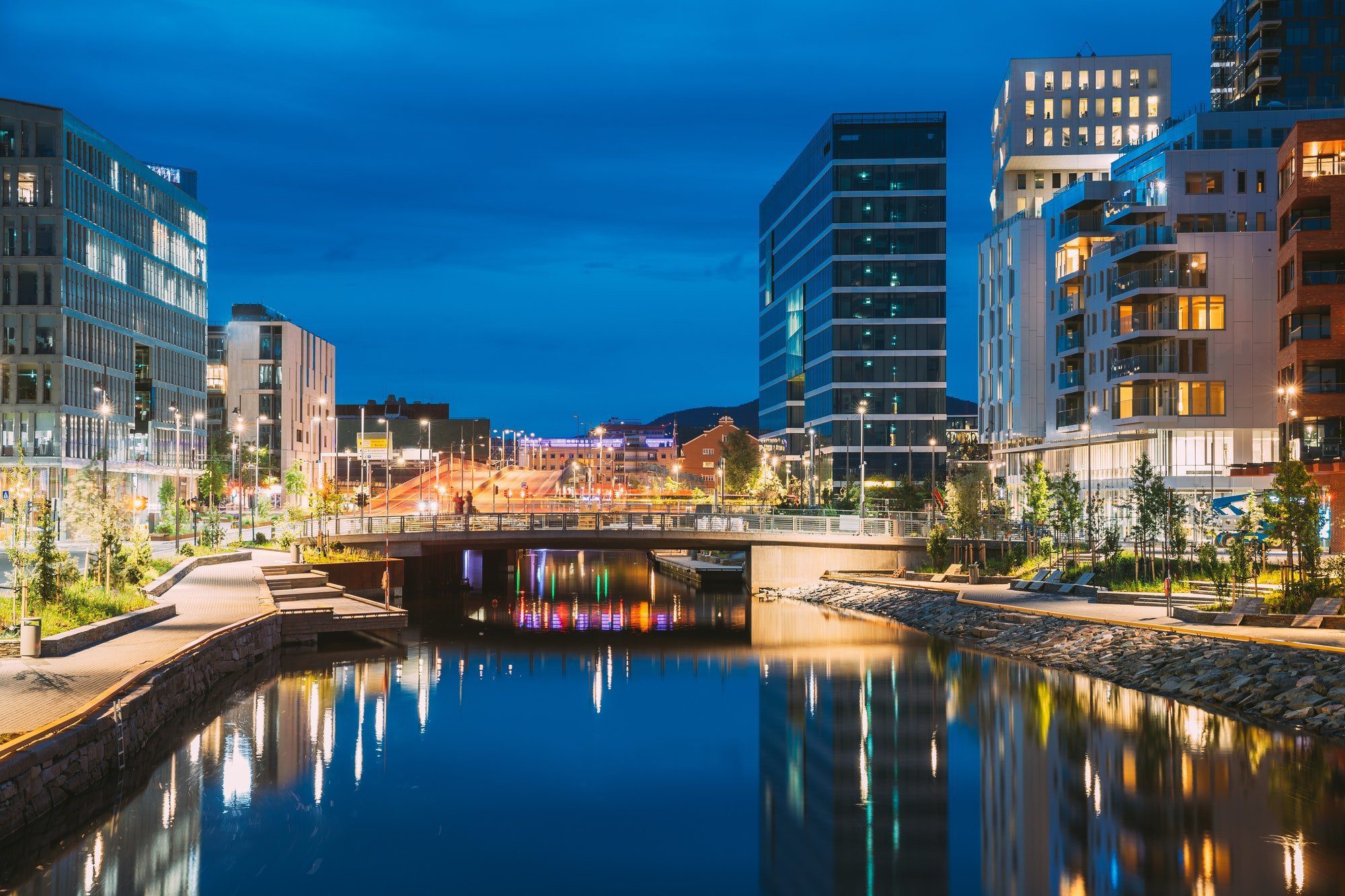 Oslo, Norway. Night View Embankment And Residential Multi-storey House In Gamle Oslo District